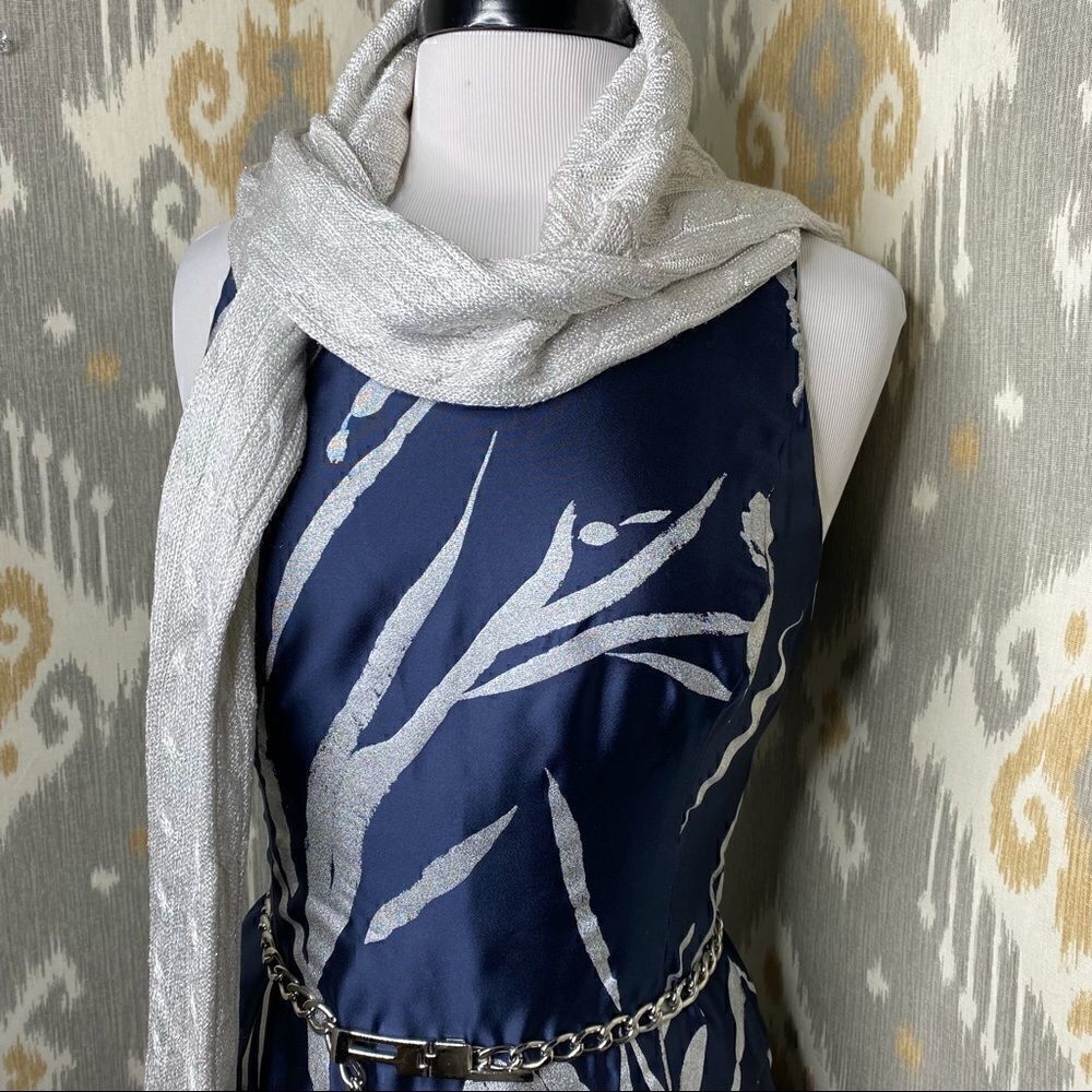 Ralph Lauren Silver Foil Botanical Print Navy Silk Fit & Flare Dress - Picture 12 of 16